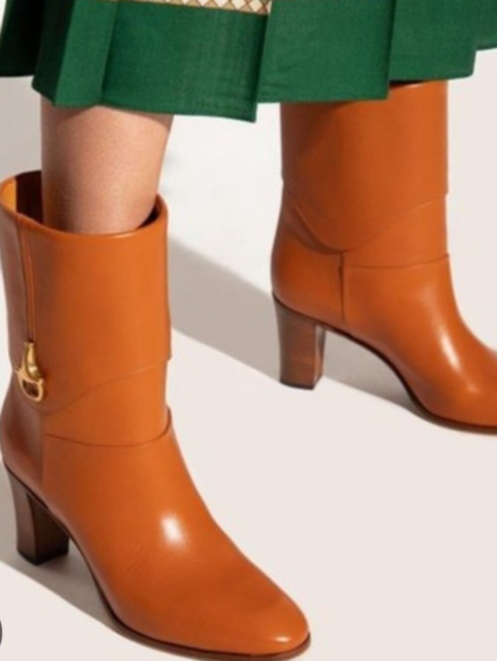 Gucci Cognac Leather Mid-Calf Boots Gold Horsebit Buckle Size 38.5 Quiet Luxury